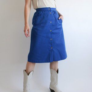 70s primary blue high waist a-line midi skirt with pockets | 25” to 26” waist